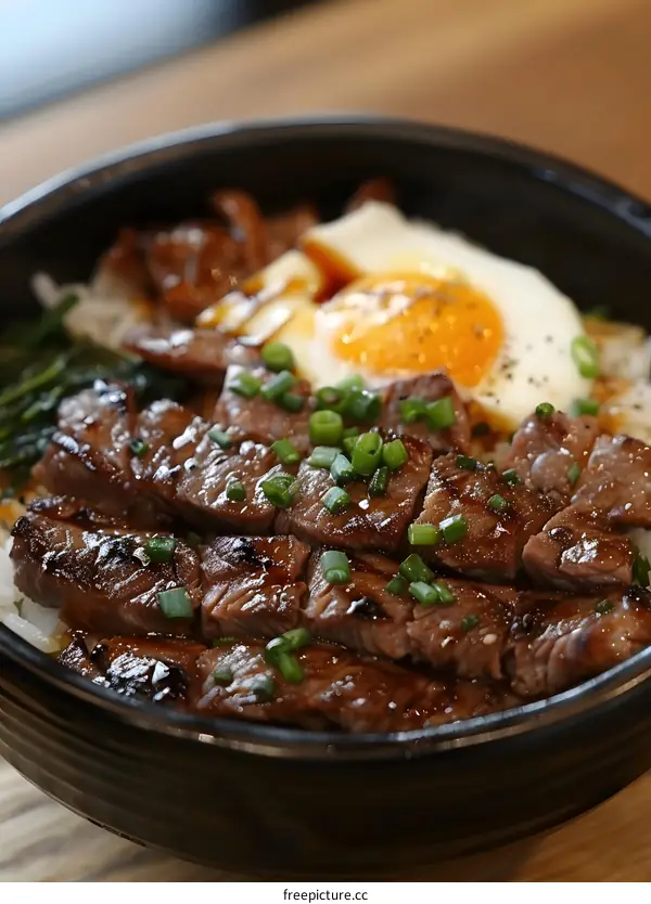 Close Up Of Beef And Egg Rice Bowl