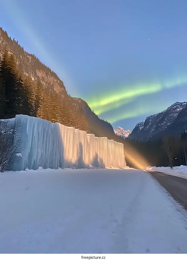 Ice Wall in the Mountains with the Northern Lights