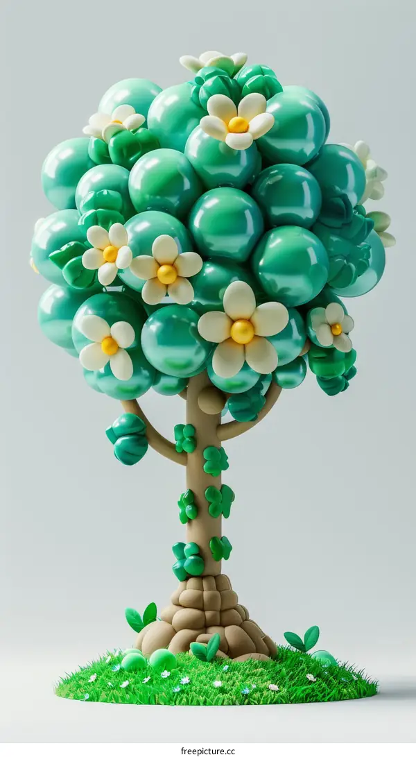 3D rendering of a whimsical tree made of green balloons and white flowers