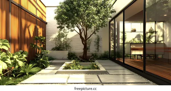 Modern Minimalist Courtyard with Tree and Stone Tiles