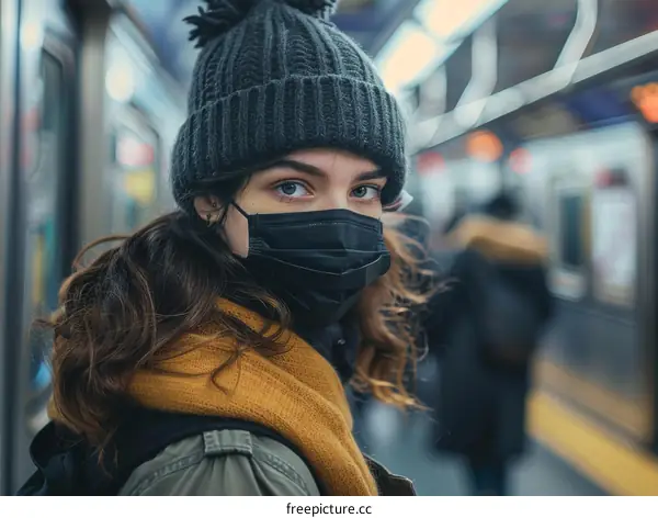 A young woman wearing a mask is looking back at the camera