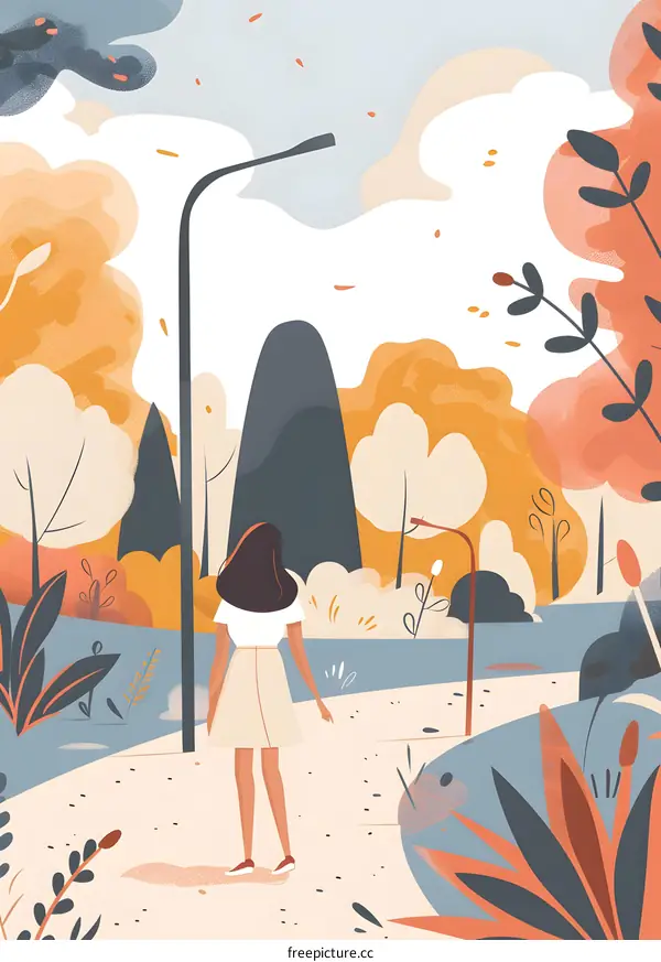 Woman Standing in a Park, Looking at Autumn Leaves