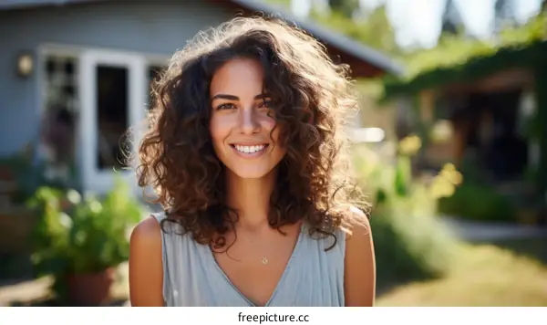 Portrait of a smiling young woman with long brown hair wearing a gray tank top
