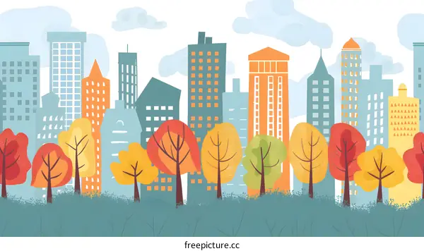 Colorful Cityscape Illustration with Fall Trees
