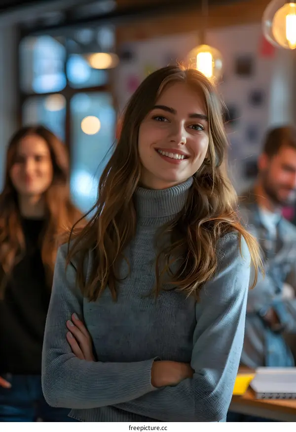 Portrait of a young woman smiling with two people blurred in the background