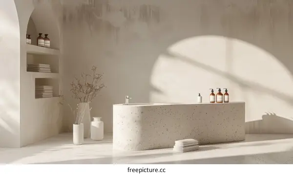 Bathroom interior with a sculptural bathtub and natural light