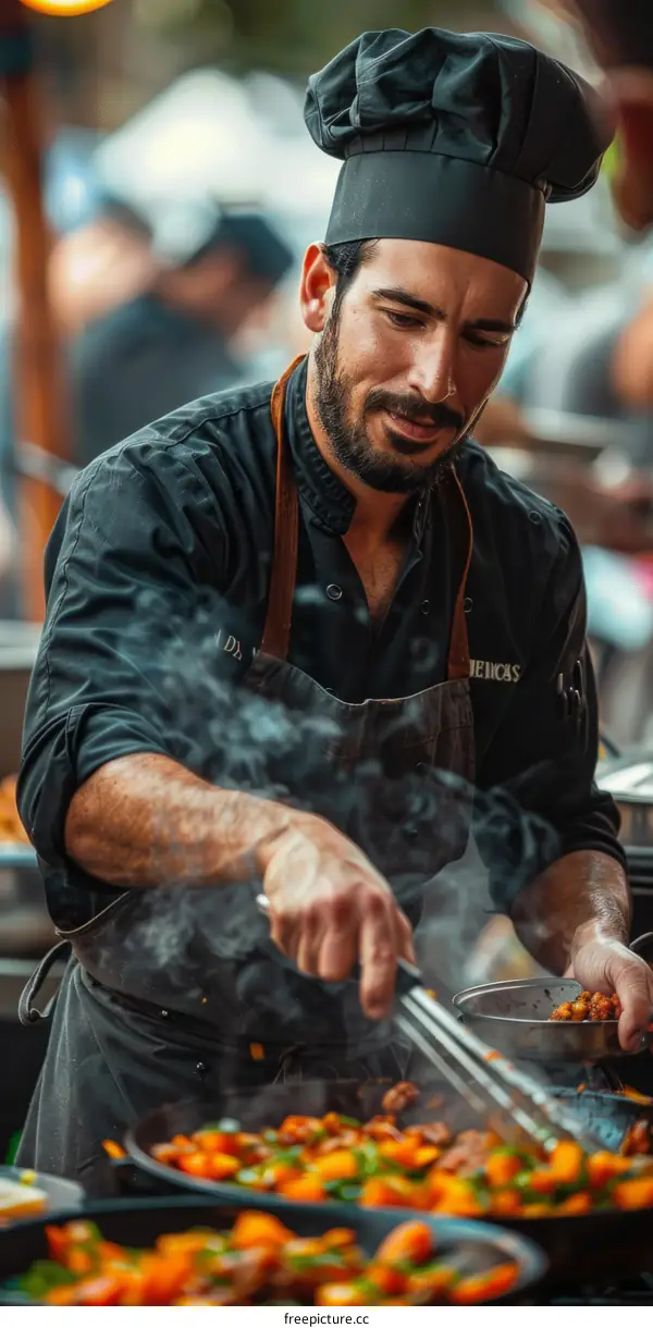 chef cooking food on grill at outdoor market