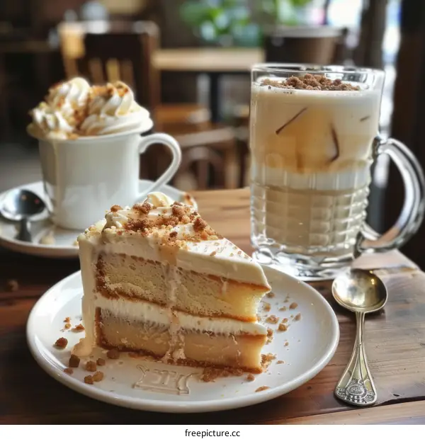A Slice of Cake with a Glass of Iced Coffee