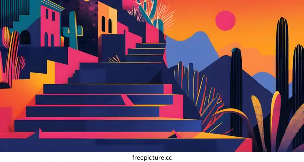 Abstract Illustration of Geometric Buildings and Cactus in a Desert Landscape