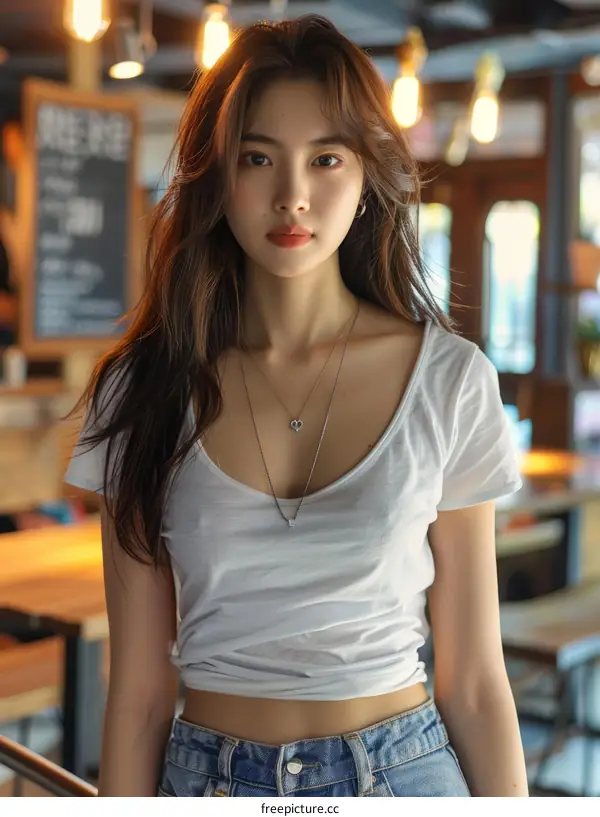 Young Woman Posing in a Cafe Setting