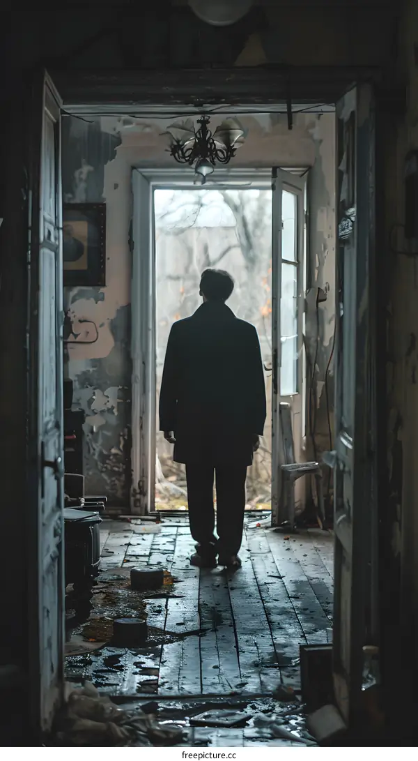 Silhouette of a Man Standing in an Abandoned House Looking Out a Doorway