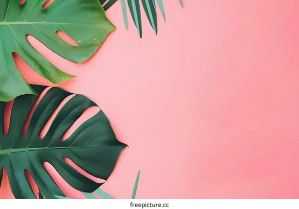 Pink Background with Green Monstera Leaves