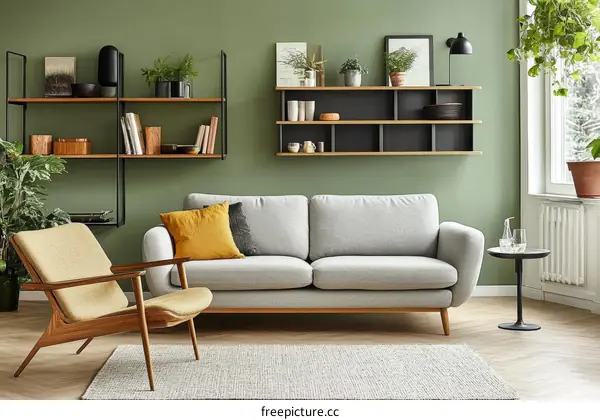 Modern Living Room Interior Design Featuring Greenery and Warm Tones