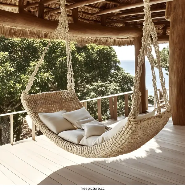Tropical Hanging Hammock on a Wooden Deck with Ocean View