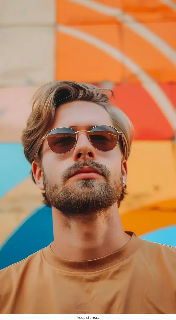 Man with Blonde Hair and Sunglasses Against Colorful Background