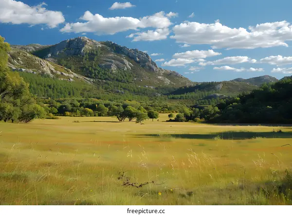Scenic View of a Grassland and Mountains