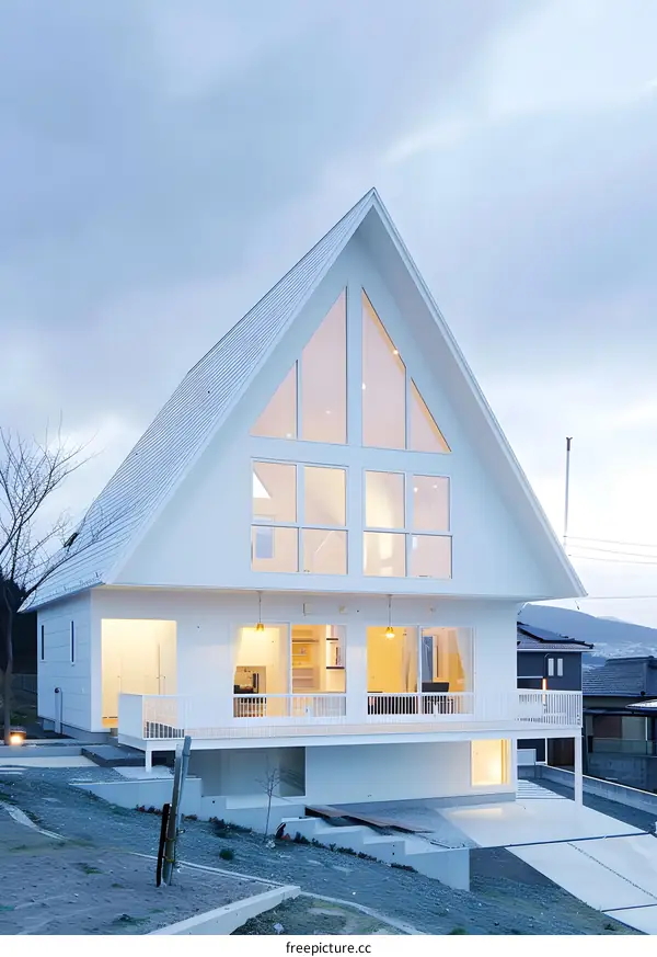 Modern White A Frame House with Large Windows
