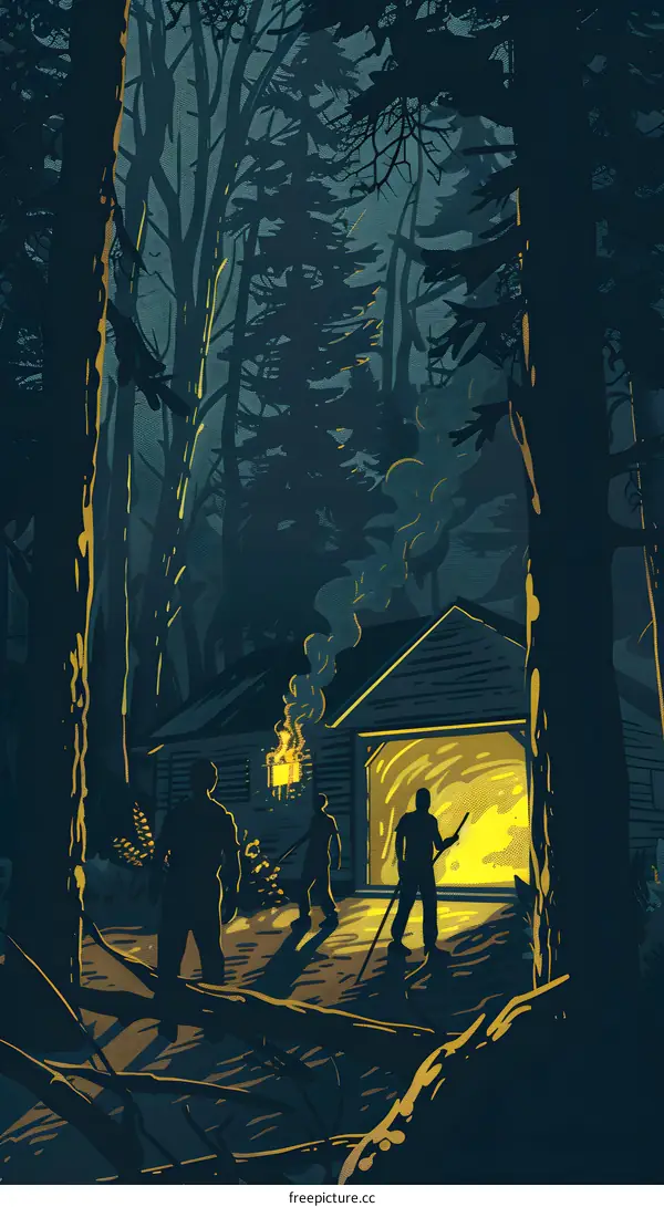 Silhouettes of Three Men Standing Outside a Cabin in the Woods at Night