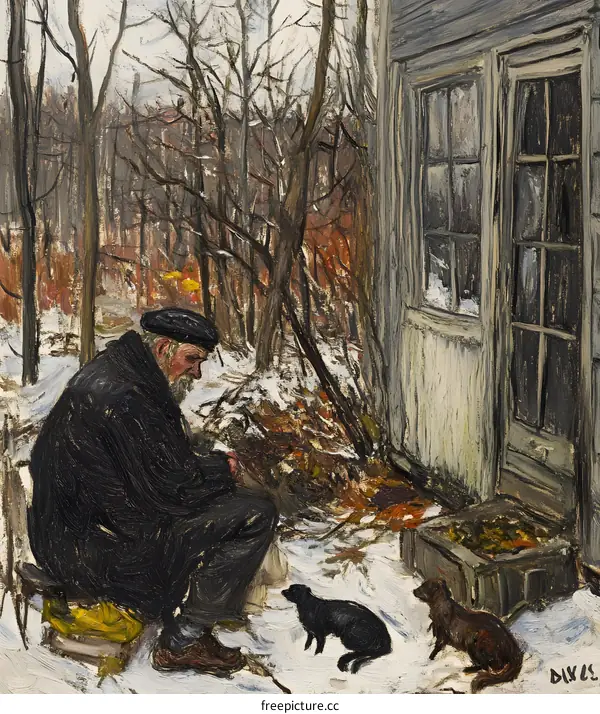 An Old Man Sitting With His Two Dogs in the Snowy Woods