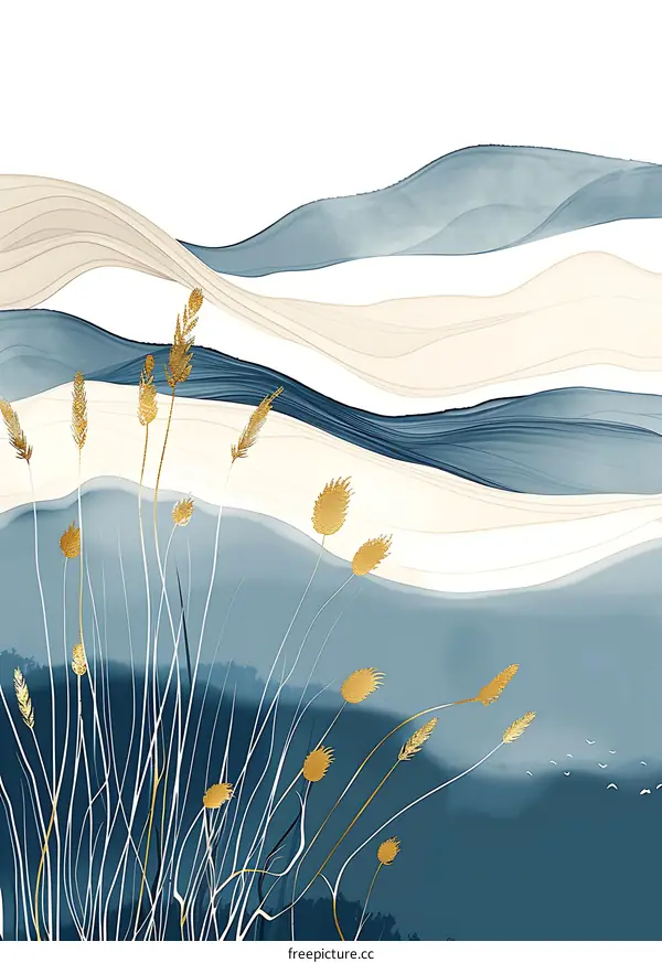 Abstract Watercolor Painting with Golden Grass and Blue and Beige Waves