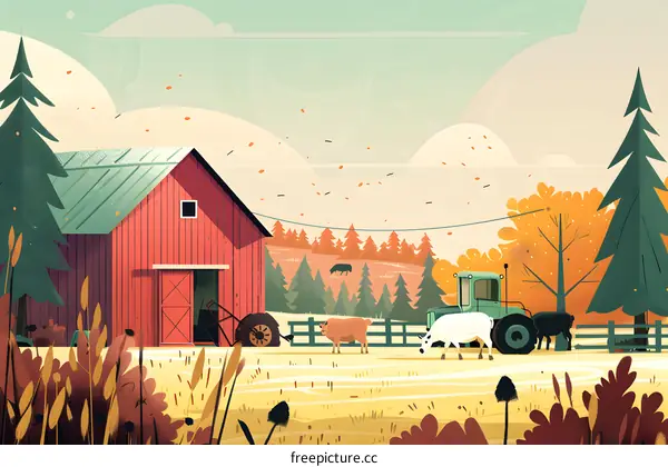 Fall Farm Scene with Red Barn and Tractor