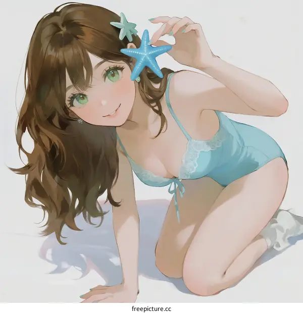 A Young Woman with Long Brown Hair Holding Starfish