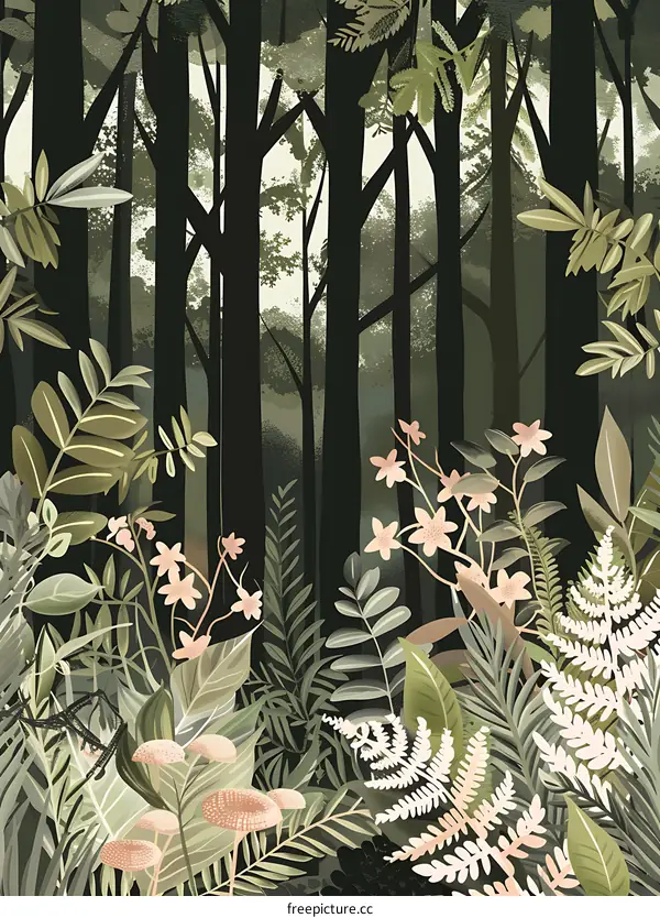 Green Forest With Pink Flowers