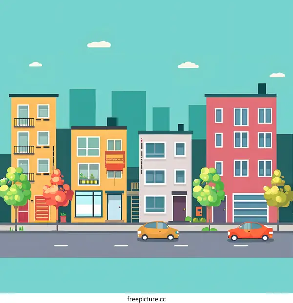 Colorful Cityscape with Houses and Cars Illustration