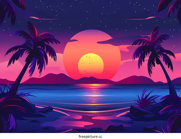 Tropical Sunset Beach Illustration With Palm Trees