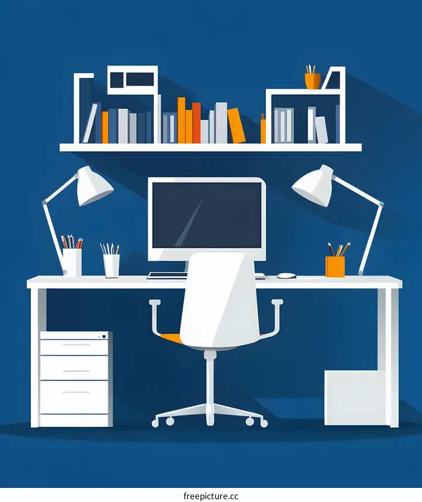 White Desk with Computer and Bookshelf in a Blue Room