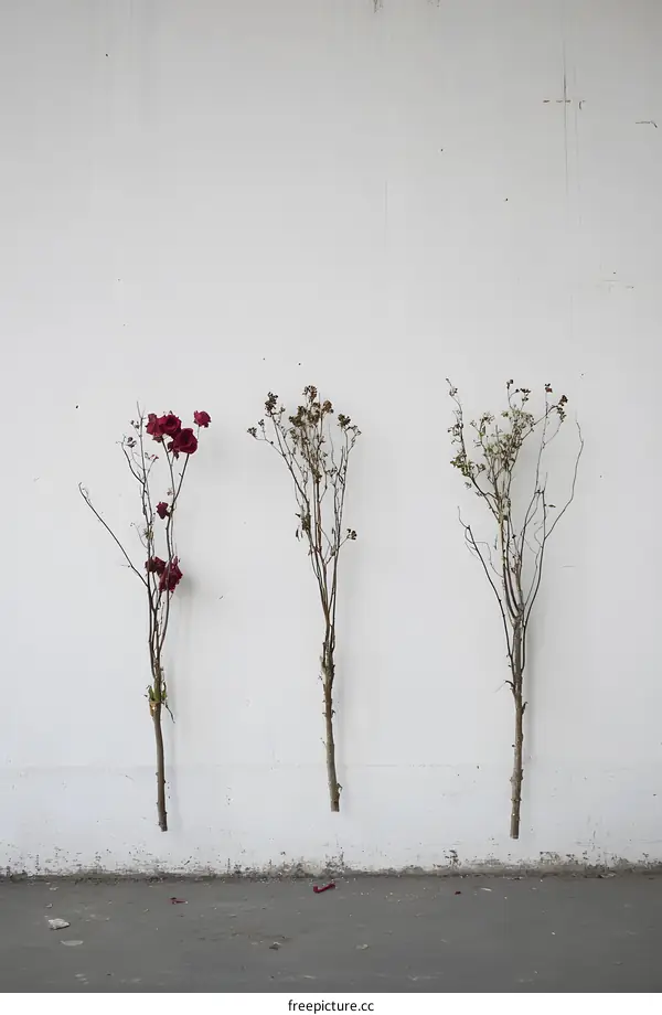 Three Branches of Flowers Against White Wall