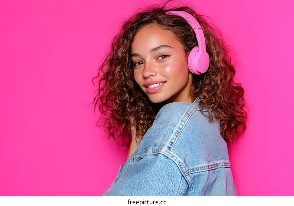 Young Woman Listening to Music with Pink Headphones