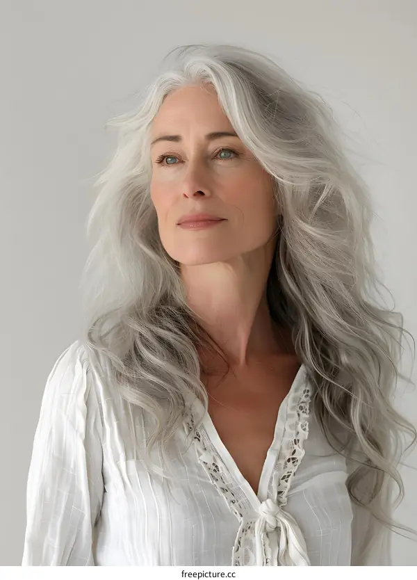 portrait of a beautiful mature woman with long white hair