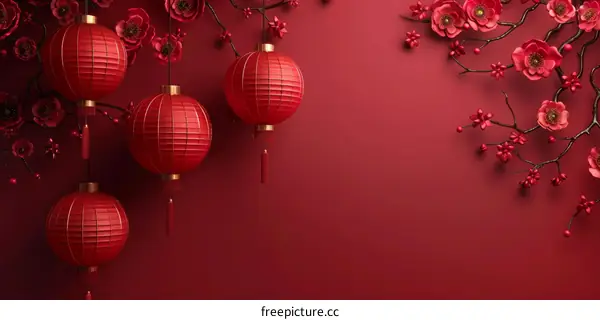 Chinese Red Lanterns and Cherry Blossoms for Spring Festival