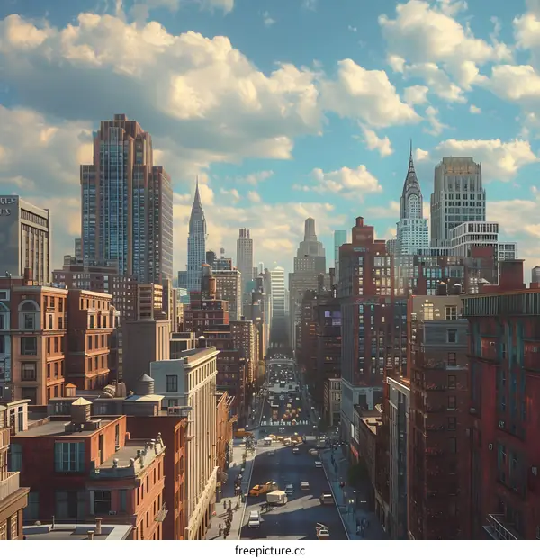 A wide street in a big city with tall buildings on both sides and a blue sky with white clouds