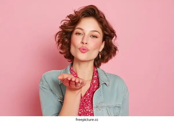 Woman Sending a Kiss with a Pink Background