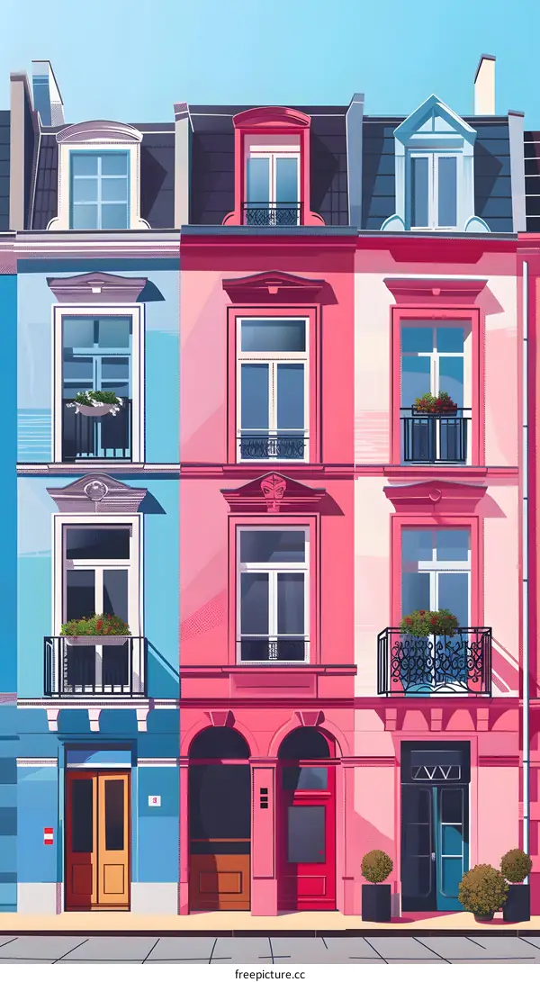 Colorful Row of European Buildings Illustration
