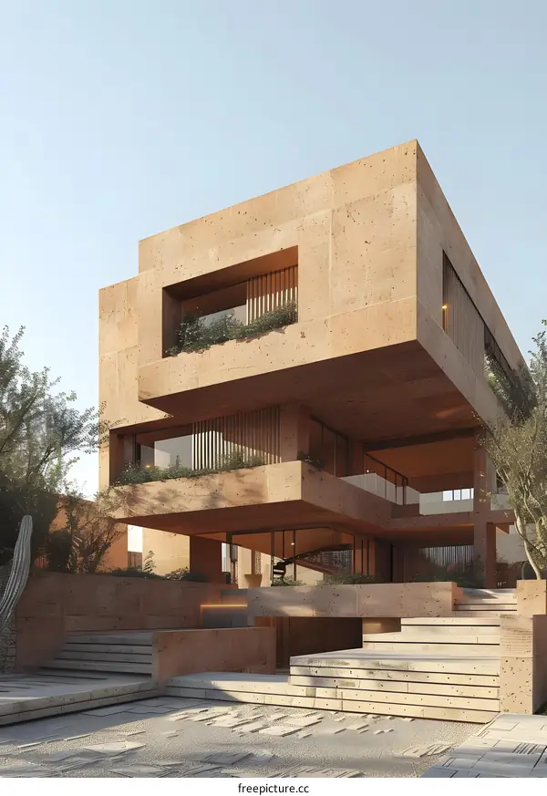 Modern stone house with flat roof and stone wall