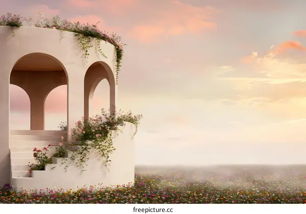 White Stone Archway With Flower Decor and Sunrise