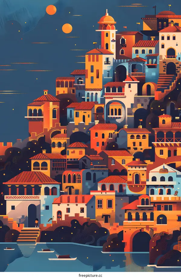 Colorful Town Illustration with Small People