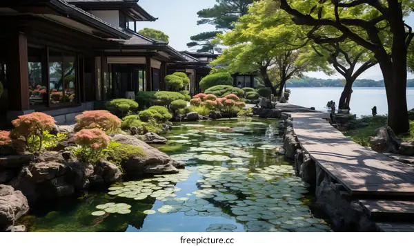 Japanese Garden Pond Wooden Walkway Tranquil