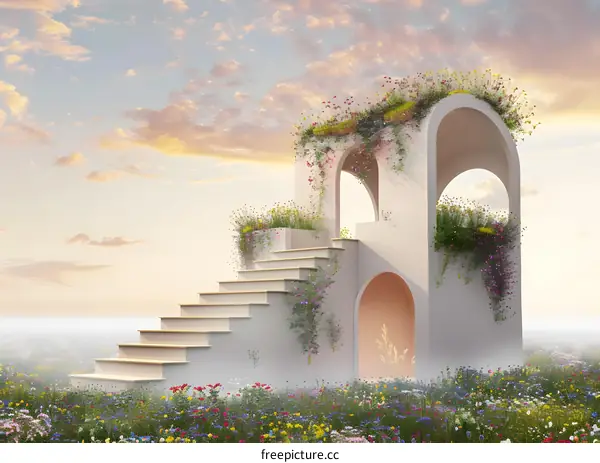 White Archway with Stairs Leading to a Flower Field