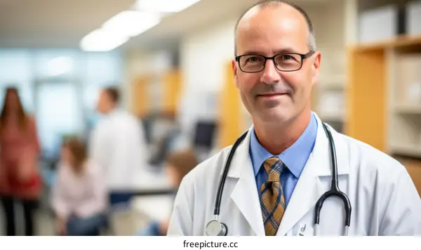 Portrait of a male doctor in a white coat and stethoscope around his neck