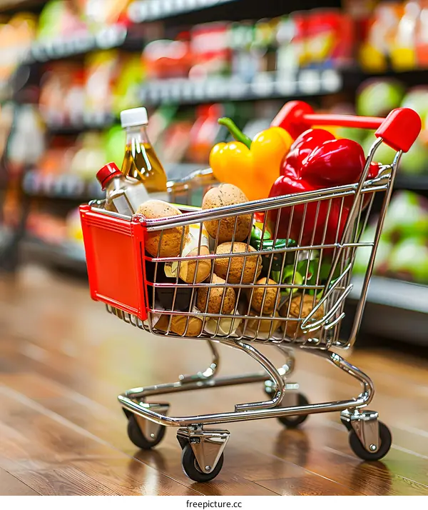Full Shopping Cart with Various Groceries in a Supermarket