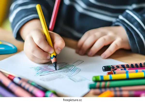 Child Drawing with Colored Pencils on Paper