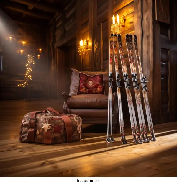 skis and ski equipment in a wooden room