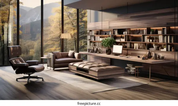 Modern home office with large windows and mountain views