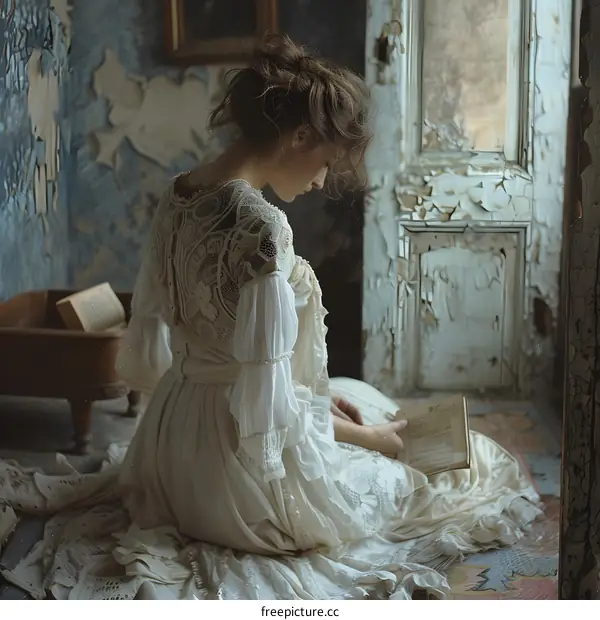 A woman in a white dress is sitting on the floor reading a book