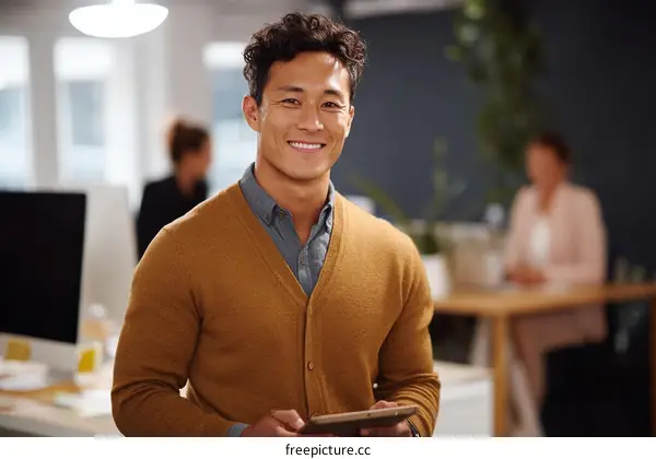 Smiling Asian Businessman in Modern Office