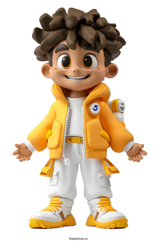 [Transparent Background PNG]Smiling Cartoon Boy in Yellow Jacket and White Pants